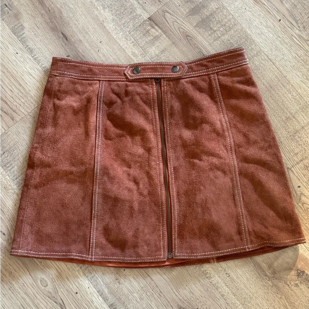 Topshop Genuine Leather Rust Brown Mini Skirt Front Zip Size US 8 - Picture 5 of 8